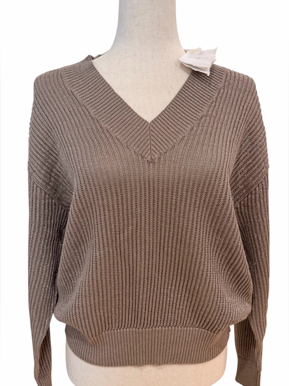 Brunello Cucinelli Metallic Rib Knit
Cotton Blend V-Neck Sweater $2300 NWT